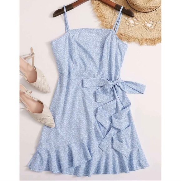 Shein Blue Floral Faux Wrap Mini Dress - Picture 1 of 7
